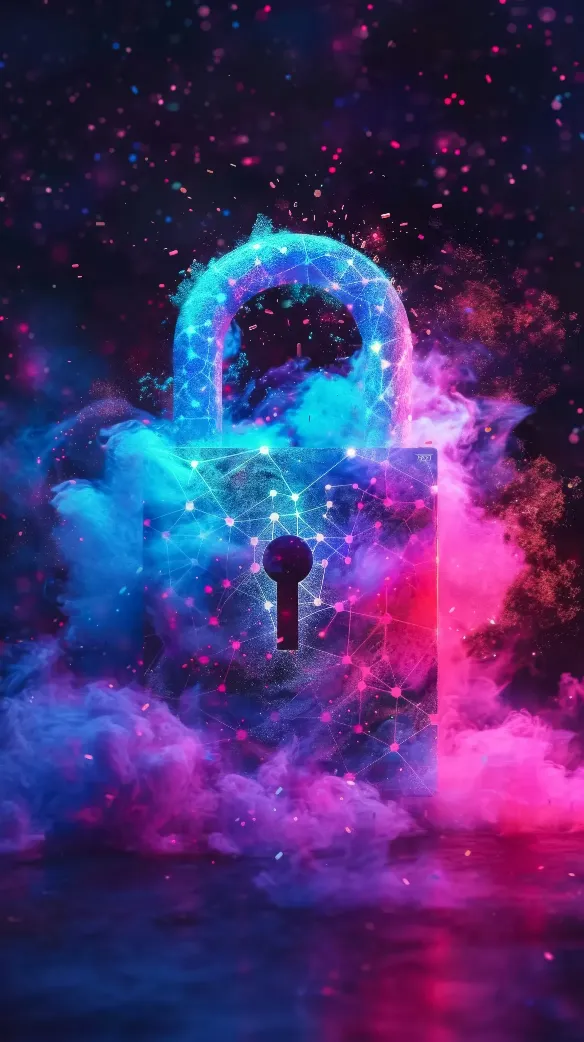 A padlock formed from glowing cloud and starlight