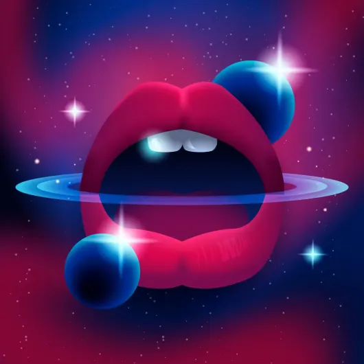 An open mouth surrounded by planets and stars