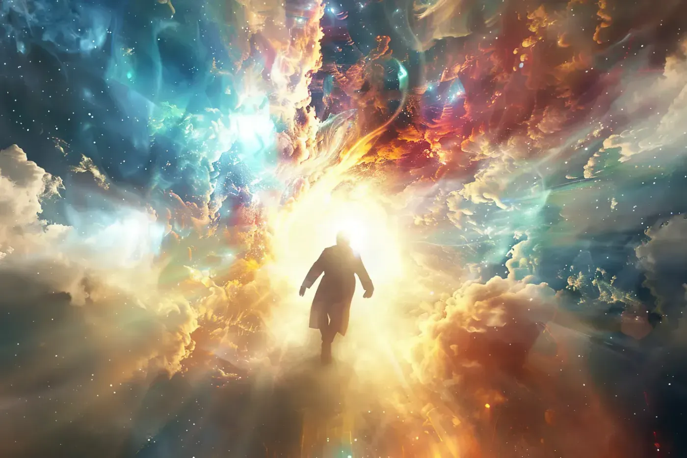A figure walking into a burst of light