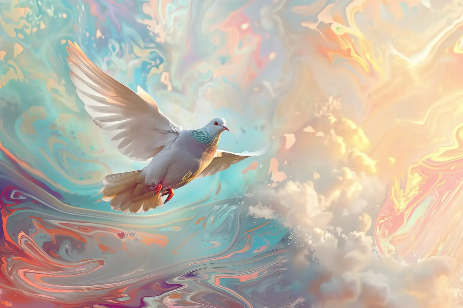 A white dove in flight through pastel clouds