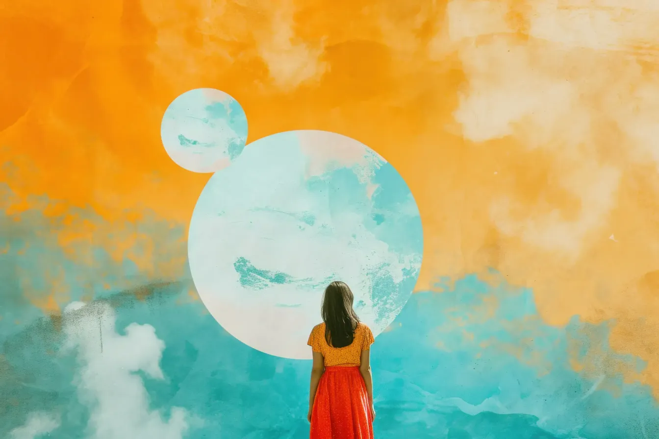 A woman in red standing before an enormous pale moon
