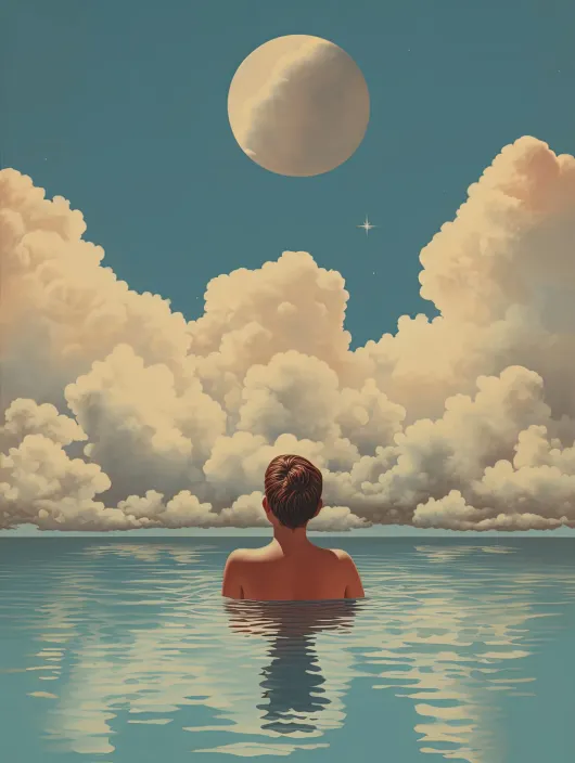 A person resting in still water beneath a moonlit sky